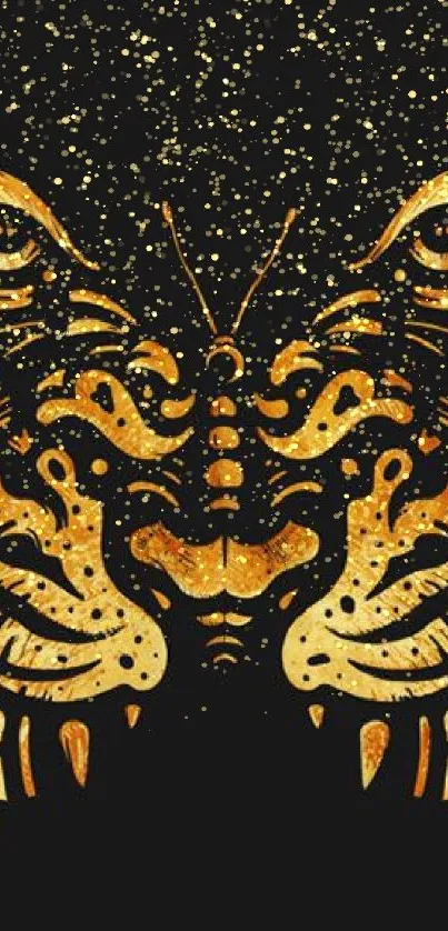 Golden tiger face art on black background wallpaper.