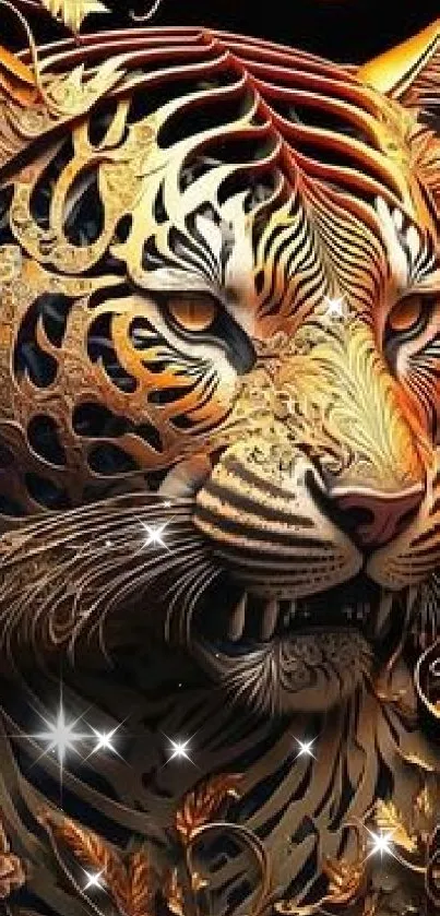 Intricate golden tiger design wallpaper with detailed patterns.