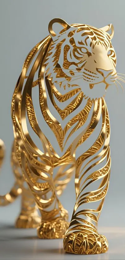 Golden artistic tiger sculpture on wallpaper.