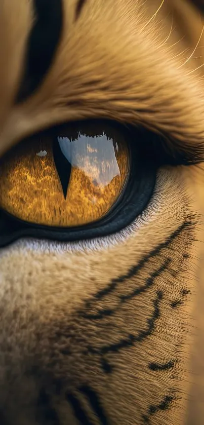 Close-up of a tiger's eye reflecting golden hues, perfect for mobile wallpaper.