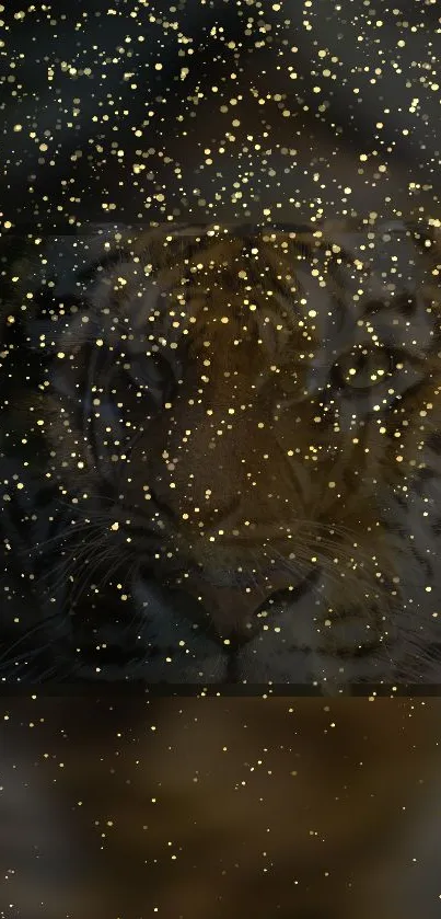 Golden sparkles overlaying a tiger in the dark, creating a mystical effect.