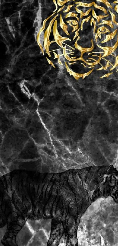 Golden tiger art on dark marble background with luxurious texture.