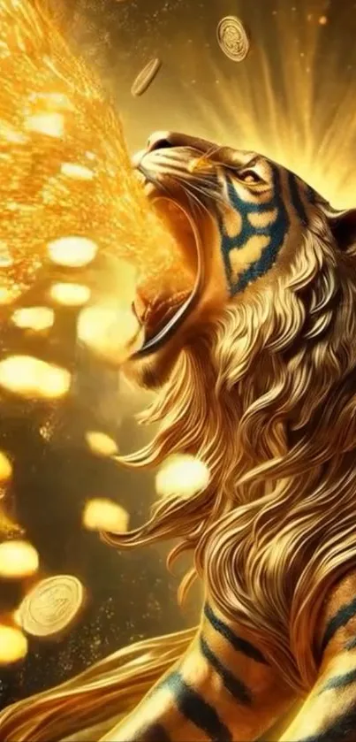 A golden tiger roaring energetically, surrounded by luminous coins.