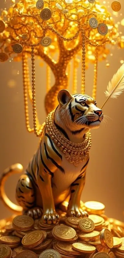 Golden tiger statue with a money tree and coins.