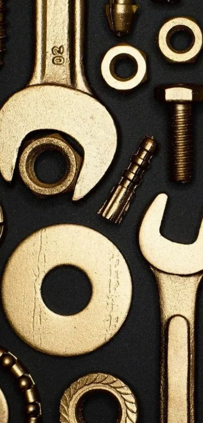 Golden tools arranged on a dark background, creating a striking phone wallpaper.