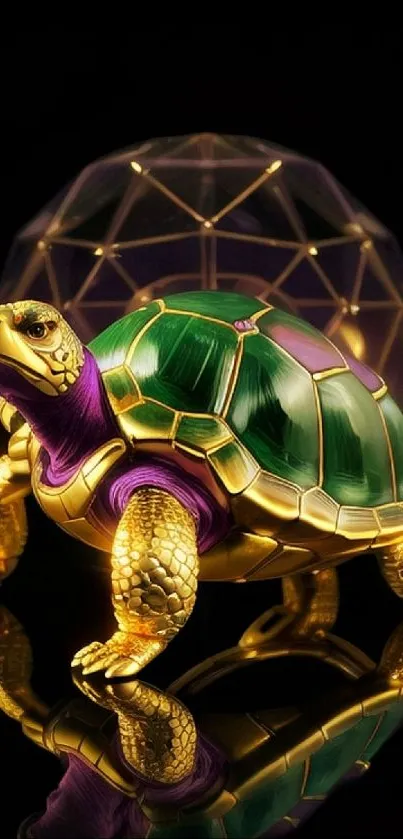 Golden tortoise with green and purple accents on a dark background.