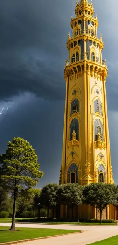 Majestic golden tower under stormy sky with lightning and dark clouds.