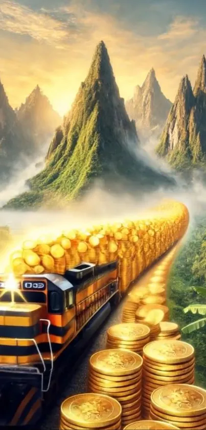 Train carrying gold coins through mountains in vibrant landscape.