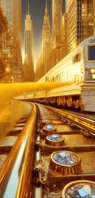 A golden train on jewel-encrusted tracks, with a cityscape background.