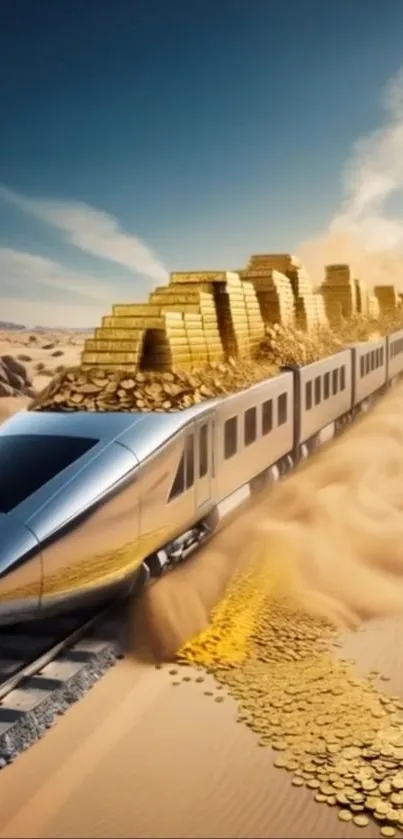 Futuristic train carrying gold through a desert landscape with a clear blue sky.