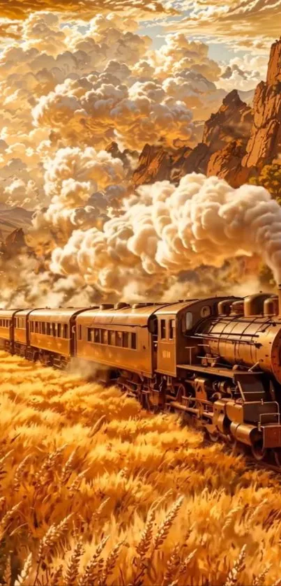 Train moving through golden wheat fields and mountains in artistic style.