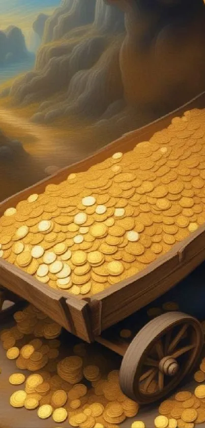 Cart full of gold coins inside a mysterious cave with scenic pathway.
