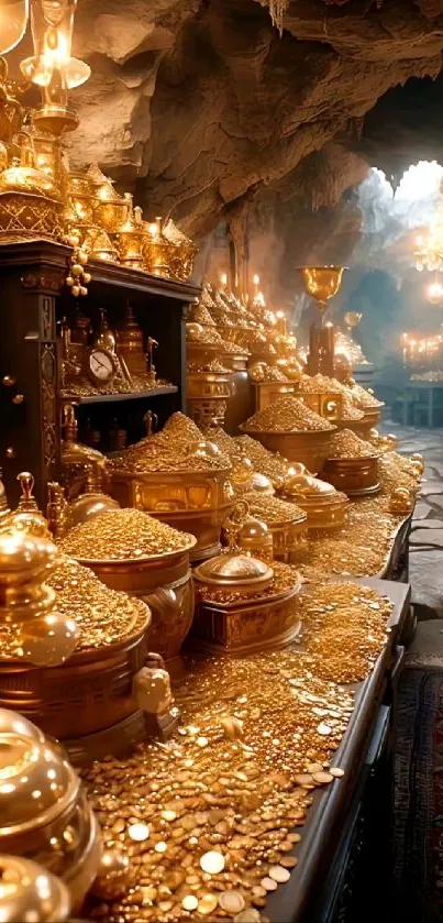 Luxurious golden treasure cave with coins and antique decor.