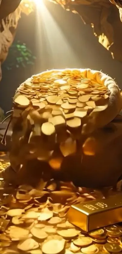 Sack of gold coins spilling in cave.
