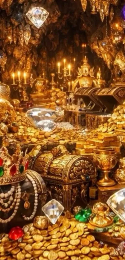 Golden treasures and jewels in a cave setting.