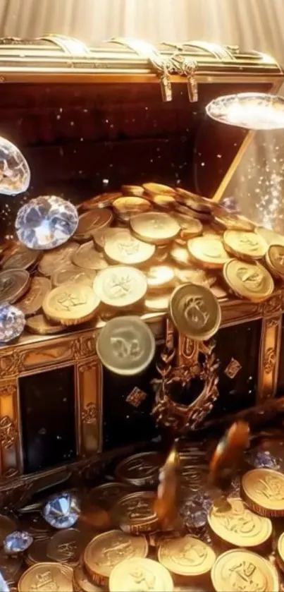 A treasure chest filled with gold coins and jewels sparkles in radiant light.
