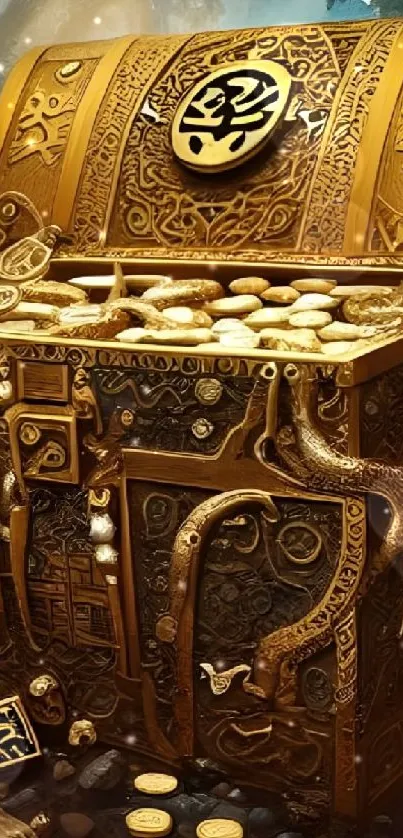 Golden treasure chest with coins, ocean theme.