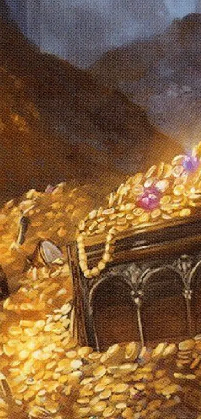 Golden treasure chest overflowing with sparkling coins.