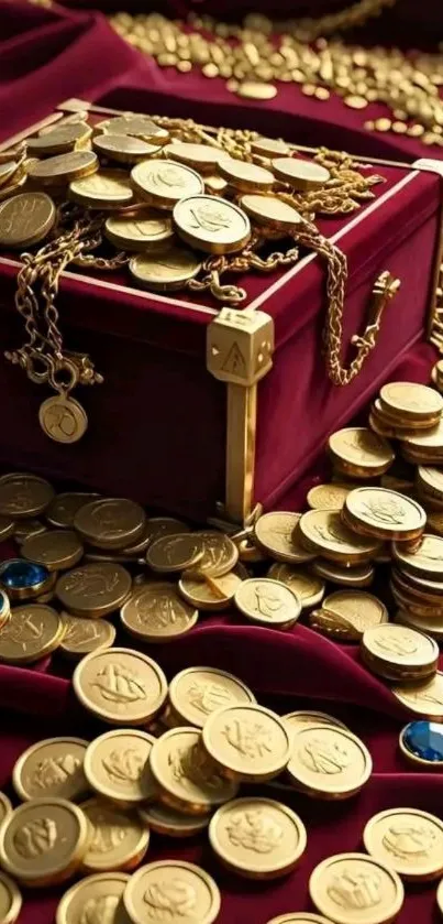 Luxurious treasure chest with gold coins and jewels on burgundy background.