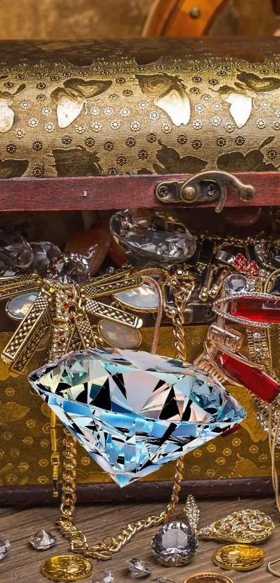 Golden treasure chest with jewels on wooden surface.
