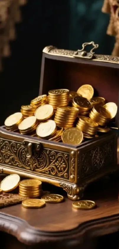 A richly decorated treasure chest overflowing with gold coins.