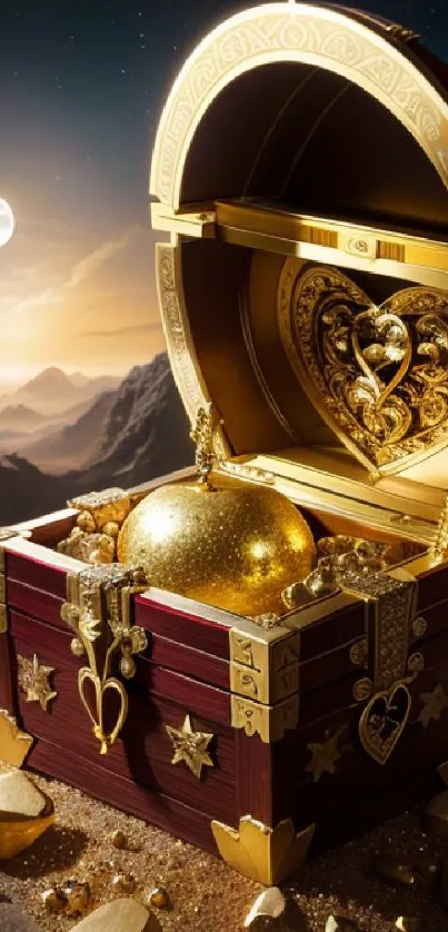 Golden treasure chest in a mystical night setting with moonlight.