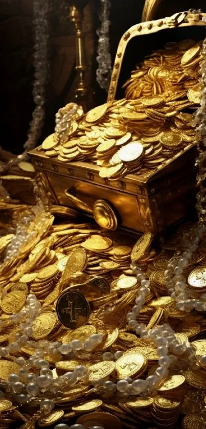 Treasure chest overflowing with gold coins and pearls.