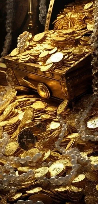 Mobile wallpaper with gold coins and treasure chest.