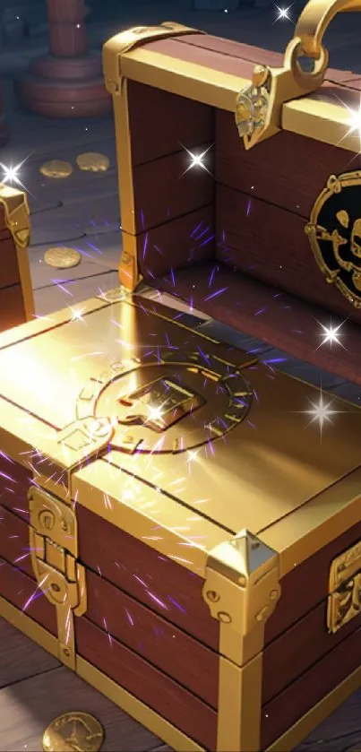 Open wooden treasure chest with golden coins.