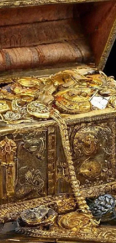 Golden treasure chest filled with coins and relics.