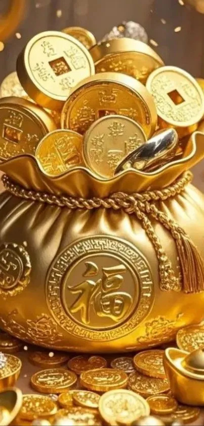 Golden coins in a decorative bag on a mobile wallpaper