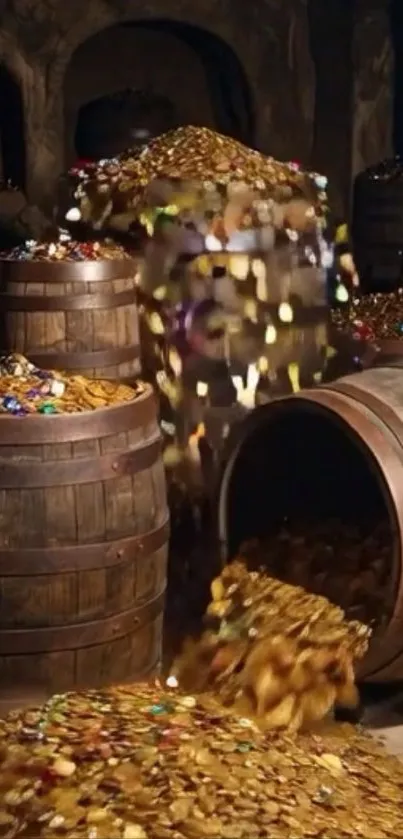 Golden coins overflowing from wooden barrels in a treasure room.