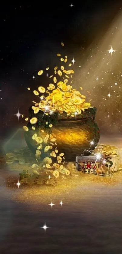 A pot of gold coins glowing under a beam of light.