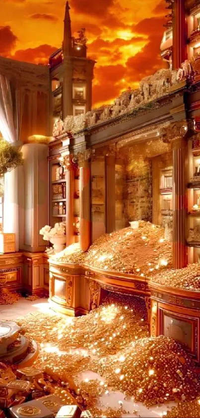 Fantasy room filled with golden treasure and luxury decor under an orange sky.