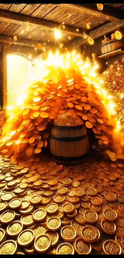 Golden coins overflowing in a treasure room