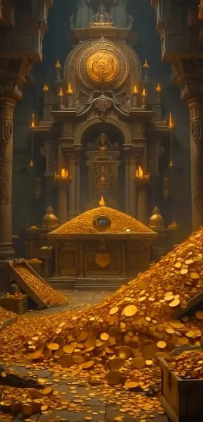 Golden treasure-filled temple with ancient columns and piles of coins.