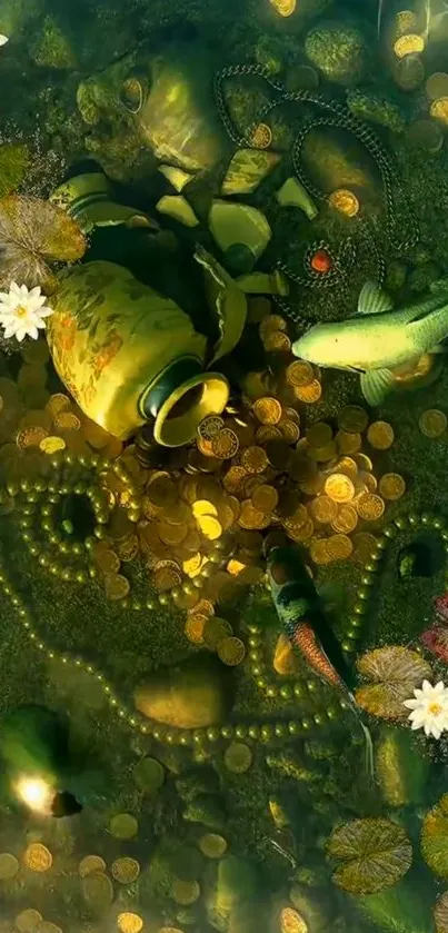 Golden coins and koi fish in an underwater treasure scene.