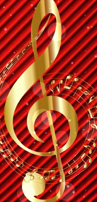 Golden treble clef on vibrant red background with musical notes.