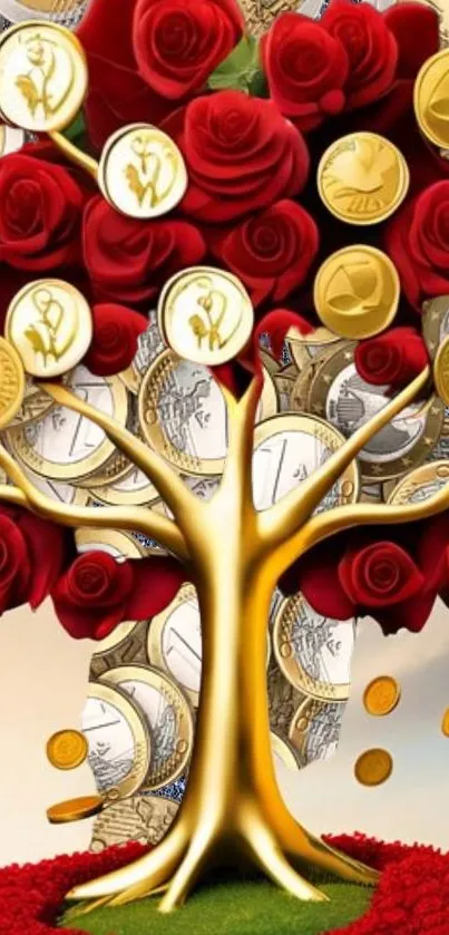 Golden tree with red roses and coins on mobile wallpaper.
