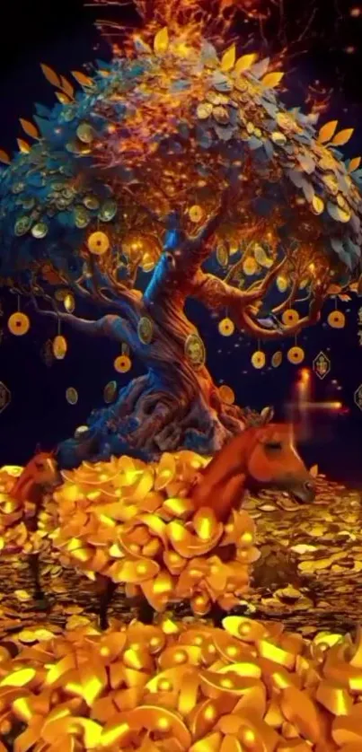 Fantasy wallpaper with a golden tree and horses made of leaves.