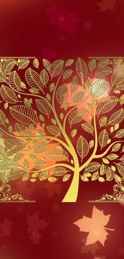 Mobile wallpaper with a golden tree on a red background with autumn leaves.