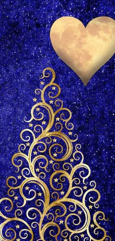 Golden tree and heart moon on starry blue wallpaper.