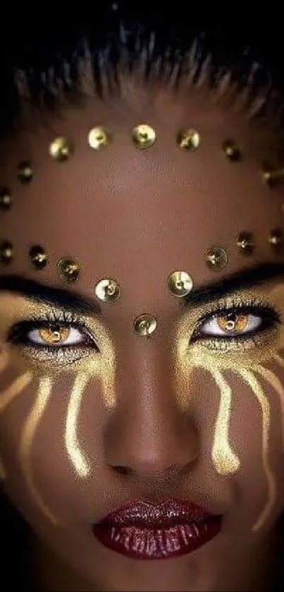 Golden tribal face art with dramatic eyes and intricate patterns.