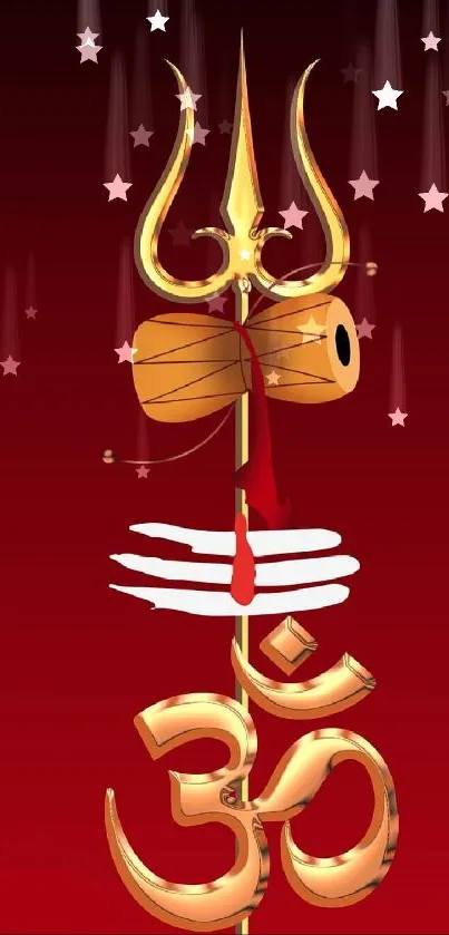 Golden trishul with Om symbol on red mobile wallpaper.