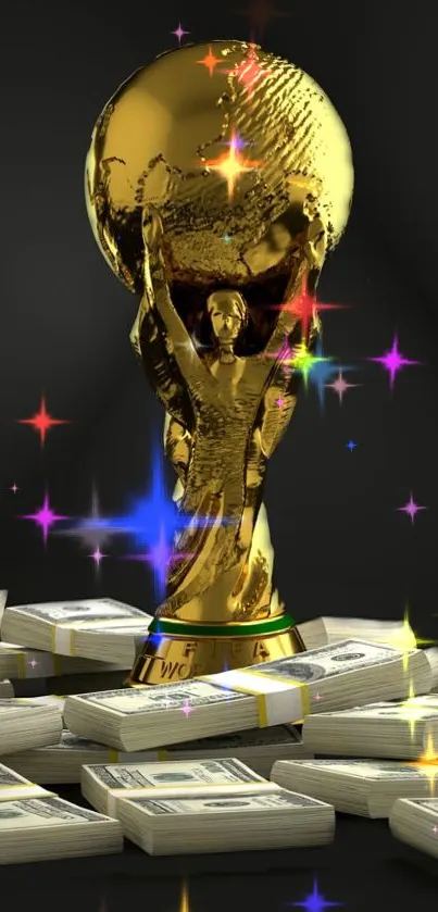 Golden trophy with cash background, shimmering with stars.