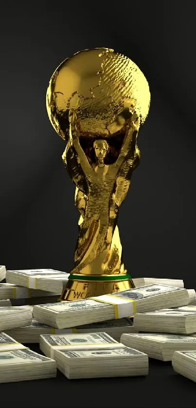 Golden trophy surrounded by stacks of money on a dark background.