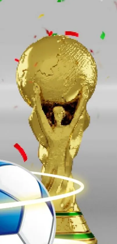 Golden trophy and soccer ball with confetti in dynamic wallpaper.