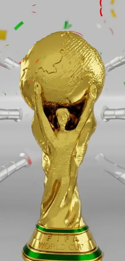 Golden FIFA World Cup trophy with confetti background.