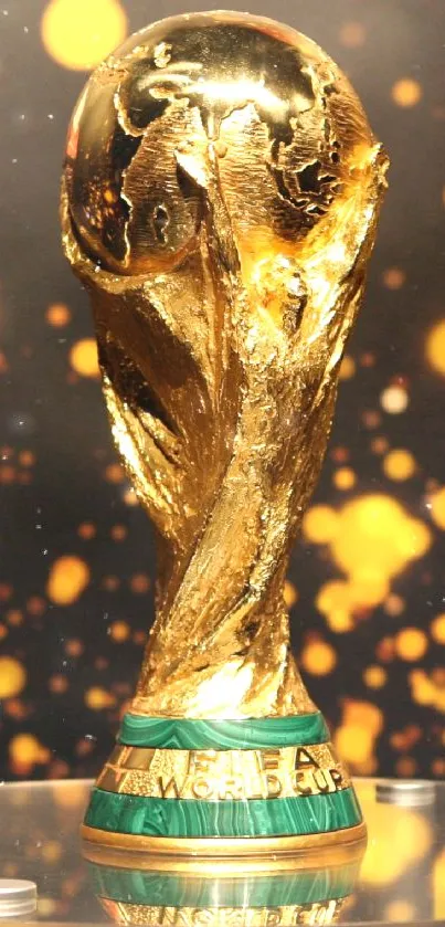 Golden trophy on shimmering backdrop with celebratory sparkles.