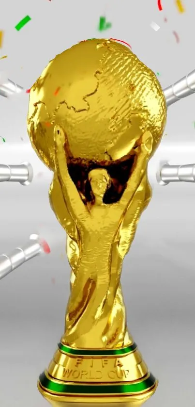 Golden FIFA World Cup trophy with confetti and trumpets on a mobile wallpaper.